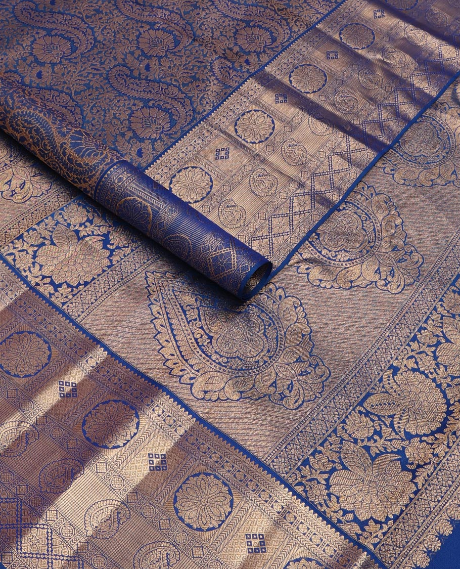 Blue jacquard kanchipuram wedding silk saree, zari border of rekku, kathir, poun, diamond, poo chakra, thuthrippu manga& kuyil kann & jaal pallu