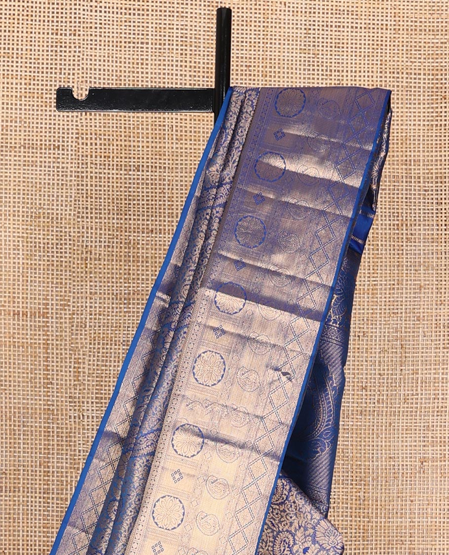 Blue jacquard kanchipuram wedding silk saree, zari border of rekku, kathir, poun, diamond, poo chakra, thuthrippu manga& kuyil kann & jaal pallu