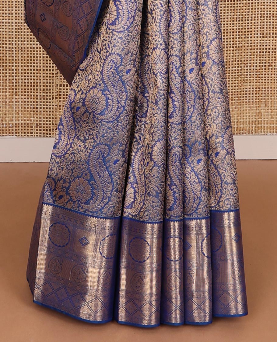 Blue jacquard kanchipuram wedding silk saree, zari border of rekku, kathir, poun, diamond, poo chakra, thuthrippu manga& kuyil kann & jaal pallu