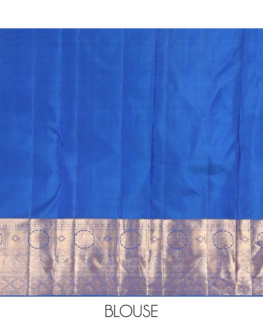 Blue jacquard kanchipuram wedding silk saree, zari border of rekku, kathir, poun, diamond, poo chakra, thuthrippu manga& kuyil kann & jaal pallu