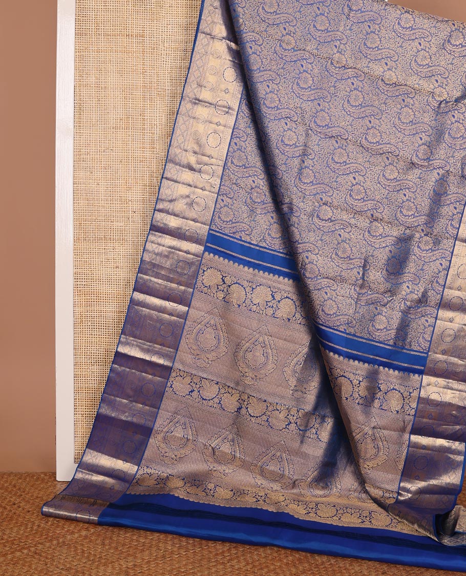Blue jacquard kanchipuram wedding silk saree, zari border of rekku, kathir, poun, diamond, poo chakra, thuthrippu manga& kuyil kann & jaal pallu