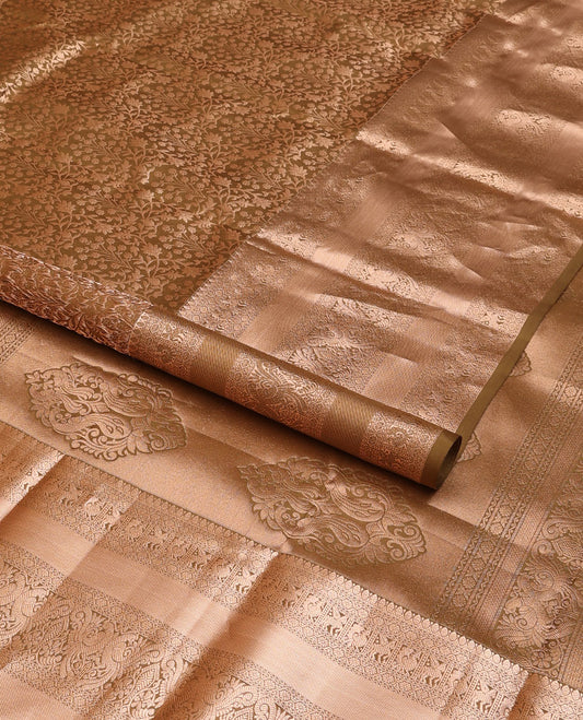 Brown floral jaal jacquard wedding silk saree, intricately accentuated pallu & border of thilakam,neli,mayil,annam & kuthirai designs