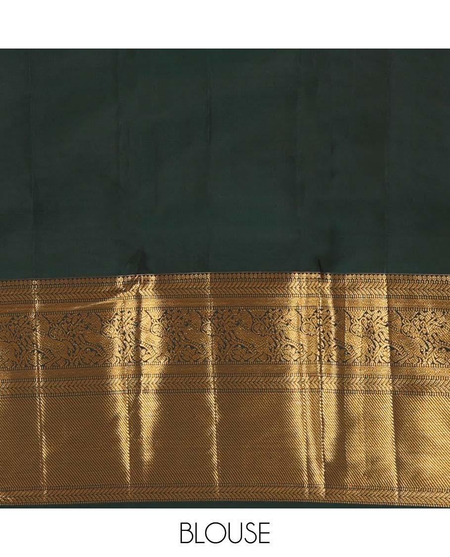 Cherry red yaanai jacquard wedding silk saree, contrast thilakam, muthu, kathir, diamond, kuthirai, and zari stripes, and jaal pallu