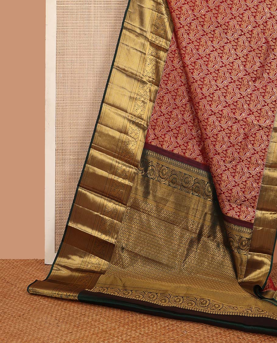 Cherry red yaanai jacquard wedding silk saree, contrast thilakam, muthu, kathir, diamond, kuthirai, and zari stripes, and jaal pallu