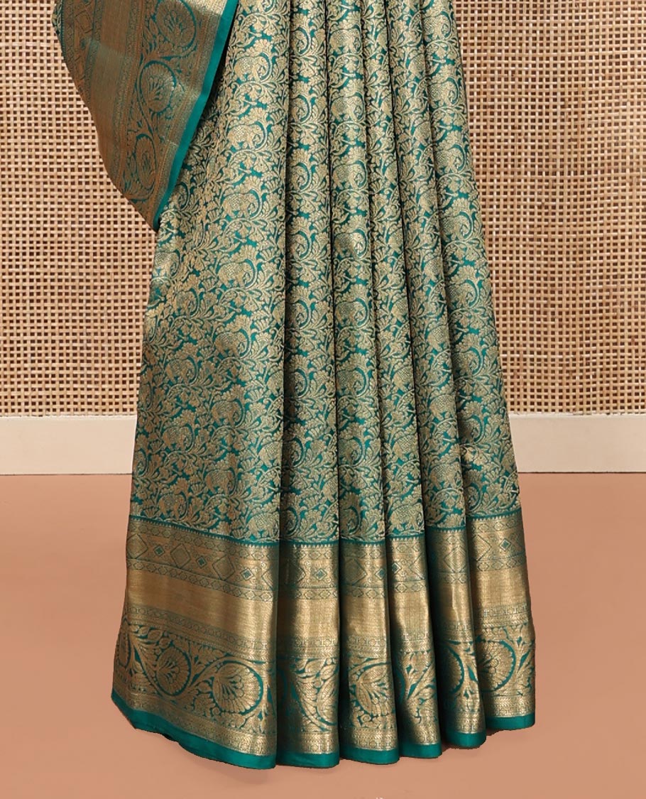 Rama Blue Kanchipuram Wedding Silk Saree, Steeped in Richness with Yaanai Jacquard on Its Body, Highlighted by a Zari Border of Rekku, Vanki, Diamond, and Kodi Visiry Designs, Grand Jaal Pallu, and Paired with a Matching Blouse