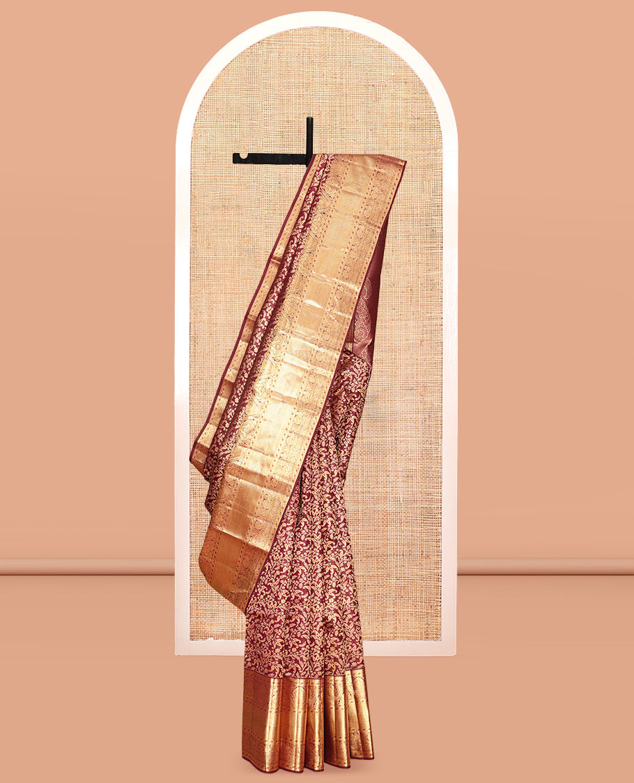 Maroon Kanchipuram Wedding Silk Saree, Enriched with Jacquard Design, a Zari Border of Traditional Designs, Intricately Designed Pallu, and a Matching Blouse