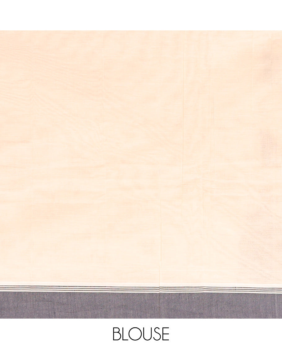 Cream Kanchi Cotton Saree, Embellished with Leaf Buttas All Over Its Body, Complemented by Contrast Border, Pallu of Intricate Designs, and Paired with a Matching Blouse