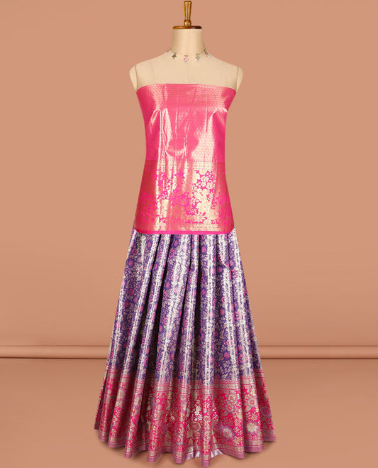 Blue art silk half saree, jacquard with contrast traditional meenakari  border skirt, jacquard contrast blouse and zari woven dhavani