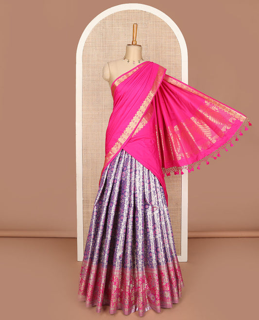Blue art silk half saree, jacquard with contrast traditional meenakari  border skirt, jacquard contrast blouse and zari woven dhavani