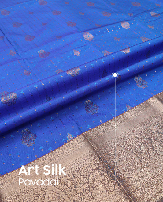 Royal blue silk pavadai set, zari buttas with contrast traditional zari bordered skirt and a contrast zari border blouse