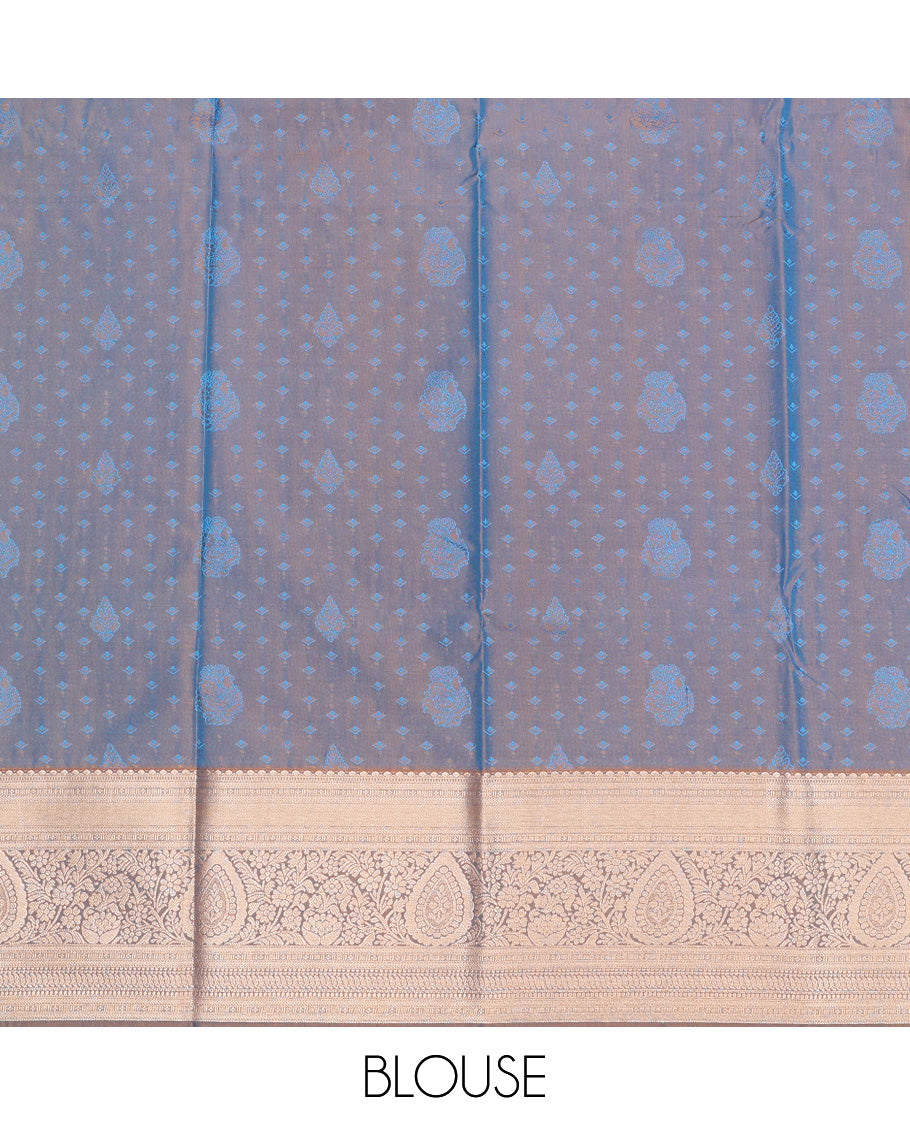 Royal blue silk pavadai set, zari buttas with contrast traditional zari bordered skirt and a contrast zari border blouse