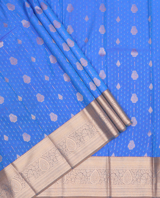 Royal blue silk pavadai set, zari buttas with contrast traditional zari bordered skirt and a contrast zari border blouse