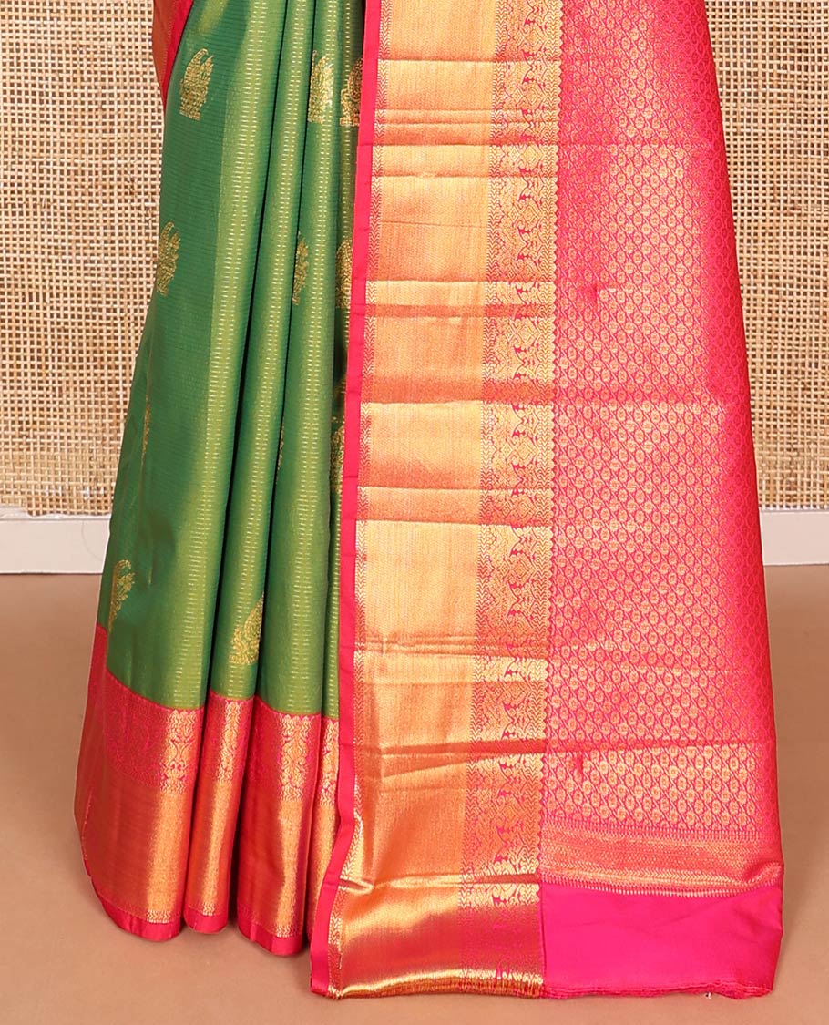 Green zari stripes, and zari buttas budget silk saree, contrast traditional zari design border, and intricate pallu