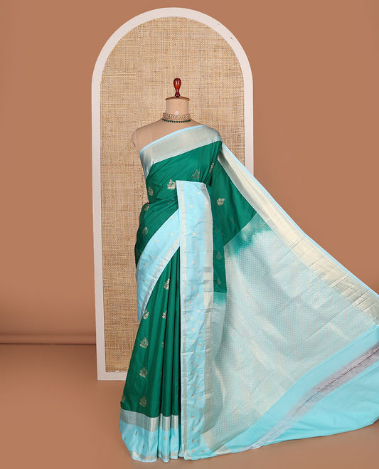 Green zari buttas budget silk saree, contrast traditional zari border, and jaal pallu