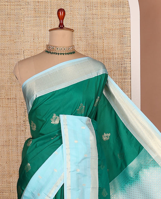 Green zari buttas budget silk saree, contrast traditional zari border, and jaal pallu