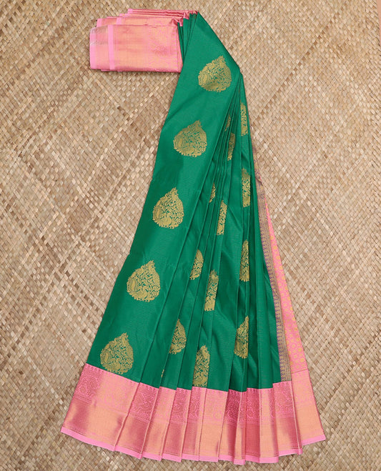 Green thilakam peacock buttas and striped budget silk saree, contrast traditional zari border, and intricately woven pallu