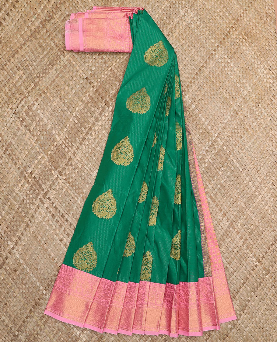 Green thilakam peacock buttas and striped budget silk saree, contrast traditional zari border, and intricately woven pallu