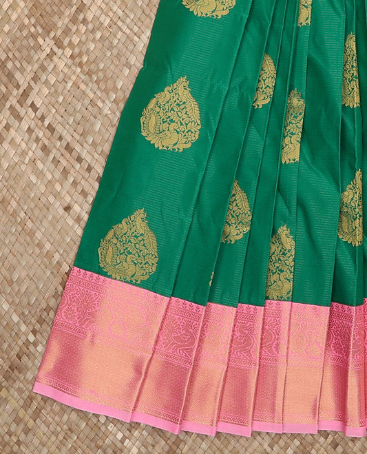 Green thilakam peacock buttas and striped budget silk saree, contrast traditional zari border, and intricately woven pallu