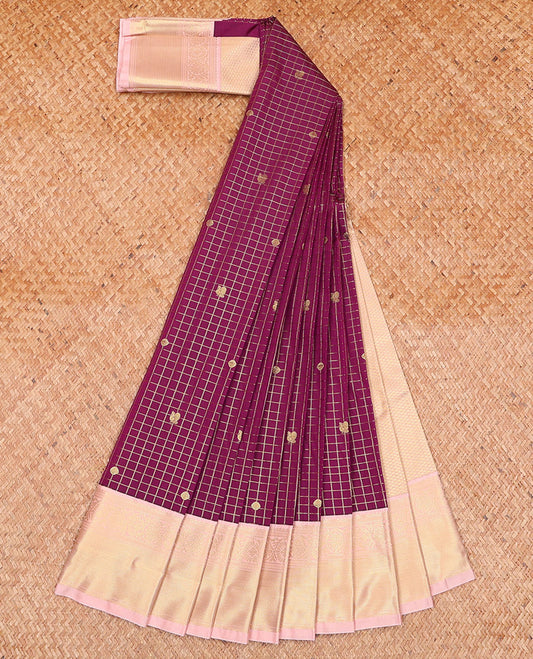 Purple Budget Silk Saree, Dazzled with Peacock-Chakram Buttas and Checks on Its Body, Complemented by a Contrast Traditional Zari Design Border, Grand Jaal Pallu, and Paired with a Contrast Blouse