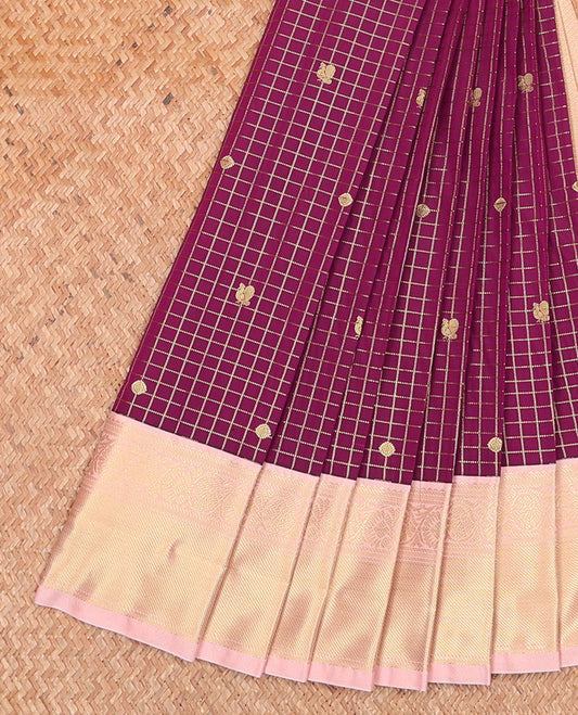 Purple Budget Silk Saree, Dazzled with Peacock-Chakram Buttas and Checks on Its Body, Complemented by a Contrast Traditional Zari Design Border, Grand Jaal Pallu, and Paired with a Contrast Blouse