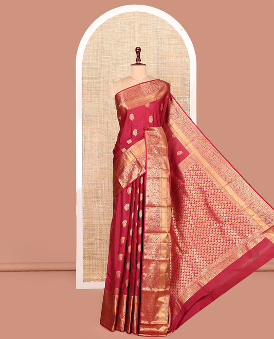 Red Budget Silk Saree Beautified with Paisley Buttas All Over Its Body, Highlighted by a Traditional Zari Design Border, Grand Pallu of Jaal Designs, and Paired with a Matching Blouse