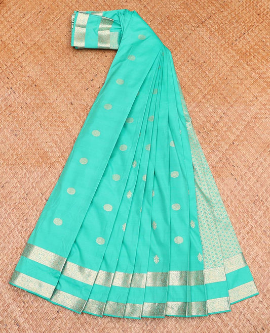 Turquoise Budget Silk Saree, Bedecked with Zari Buttas All Over Its Body, Highlighted by a Traditional Zari Design Rettai Pettu Border, Grand Jaal Pallu, and Paired with a Matching Blouse
