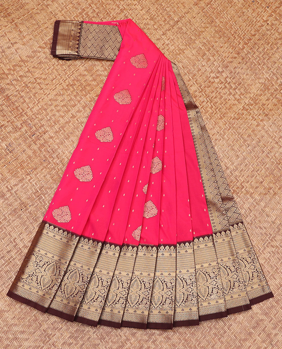Pink Budget Silk Saree, Beautified with Zari Buttas All Over Its Body, Complemented by a Contrast Traditional Zari Design Woven Border, Gleaming Jaal Pallu, and Paired with a Contrast Blouse