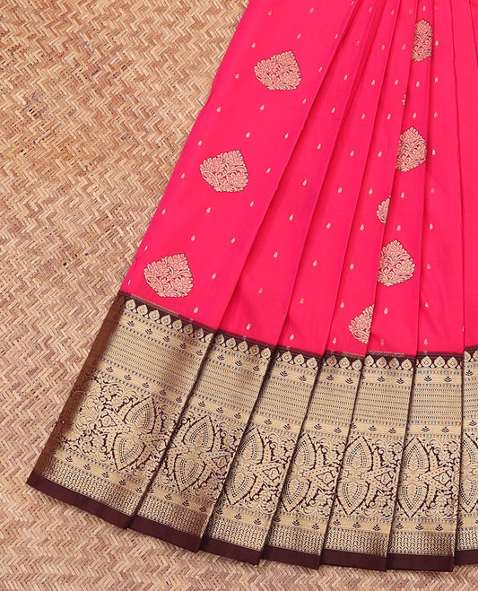 Pink Budget Silk Saree, Beautified with Zari Buttas All Over Its Body, Complemented by a Contrast Traditional Zari Design Woven Border, Gleaming Jaal Pallu, and Paired with a Contrast Blouse