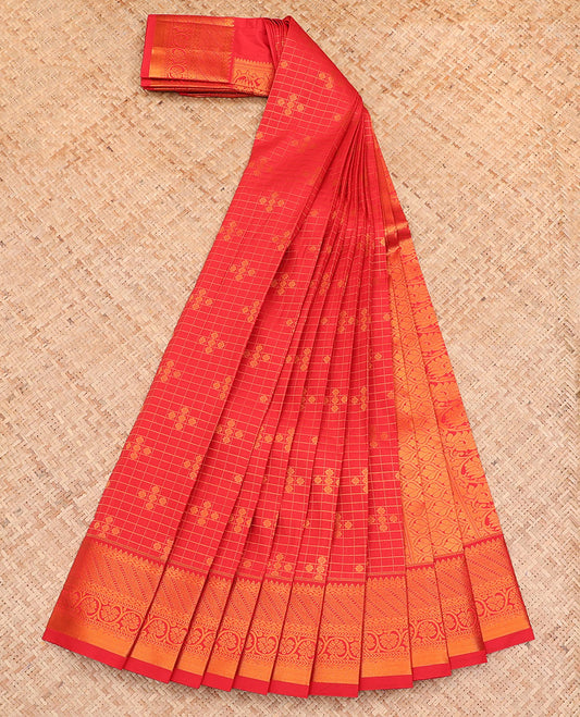 Red Budget Silk Saree, Boldly Accentuated with Zari Buttas and Checks All Over Its Body, Highlighted by a Traditional Zari Design Border, Grand Pallu, and Paired with a Matching Blouse