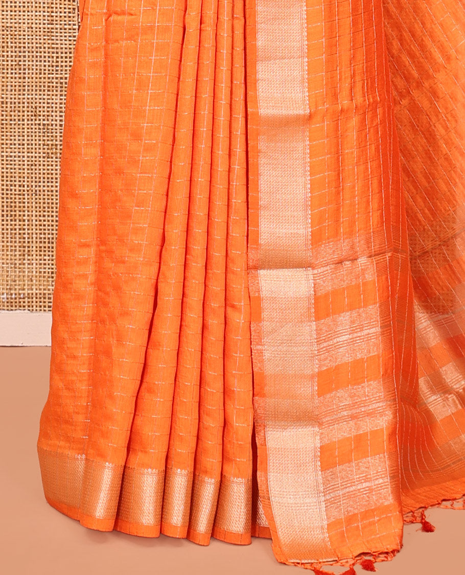 Orange Assam Silk Saree, Adorned with Checks, Highlighted by a Traditional Border, a Self-Pallu, and a Matching Blouse