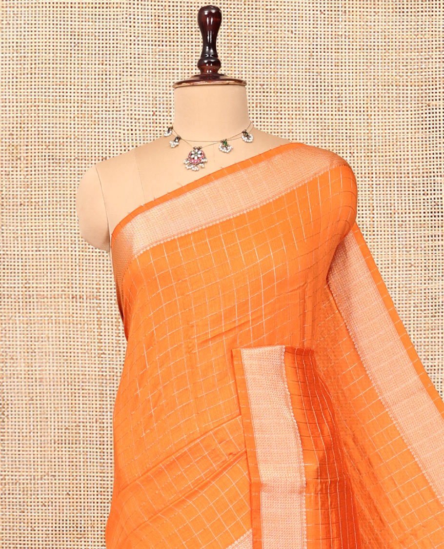 Orange Assam Silk Saree, Adorned with Checks, Highlighted by a Traditional Border, a Self-Pallu, and a Matching Blouse