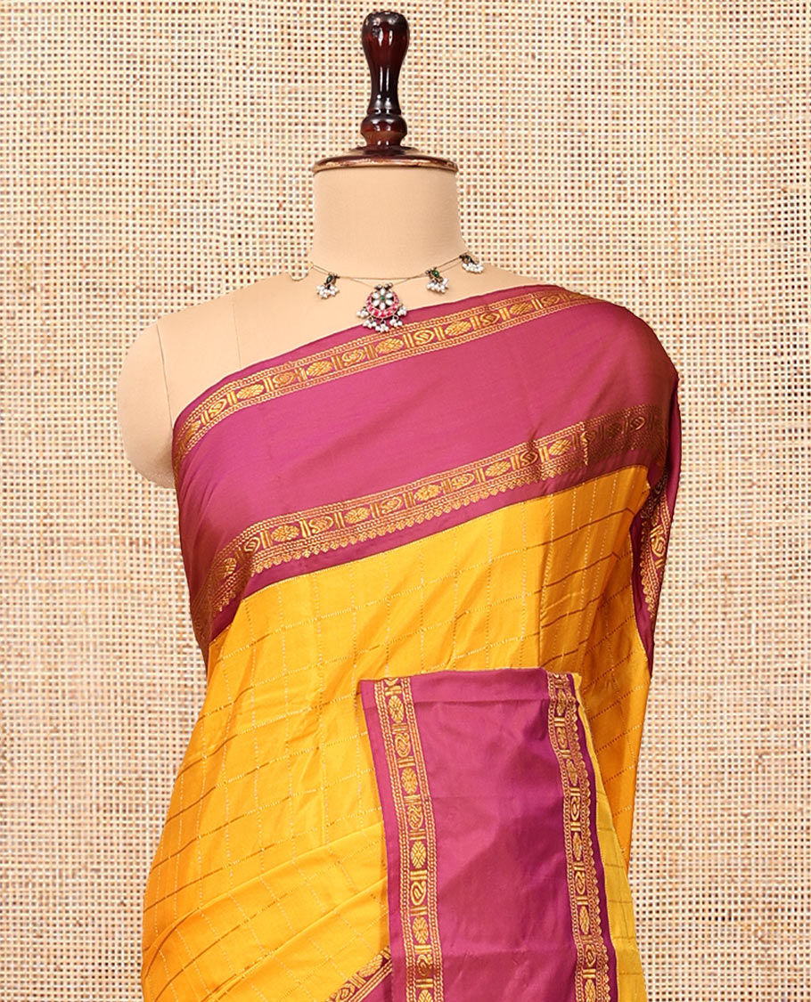 Yellow Budget Silk Saree, Mesmerized with Zari Checks, Contrast Traditional Zari Rettai Pettu Border, Zari Pallu, and a Matching Blouse