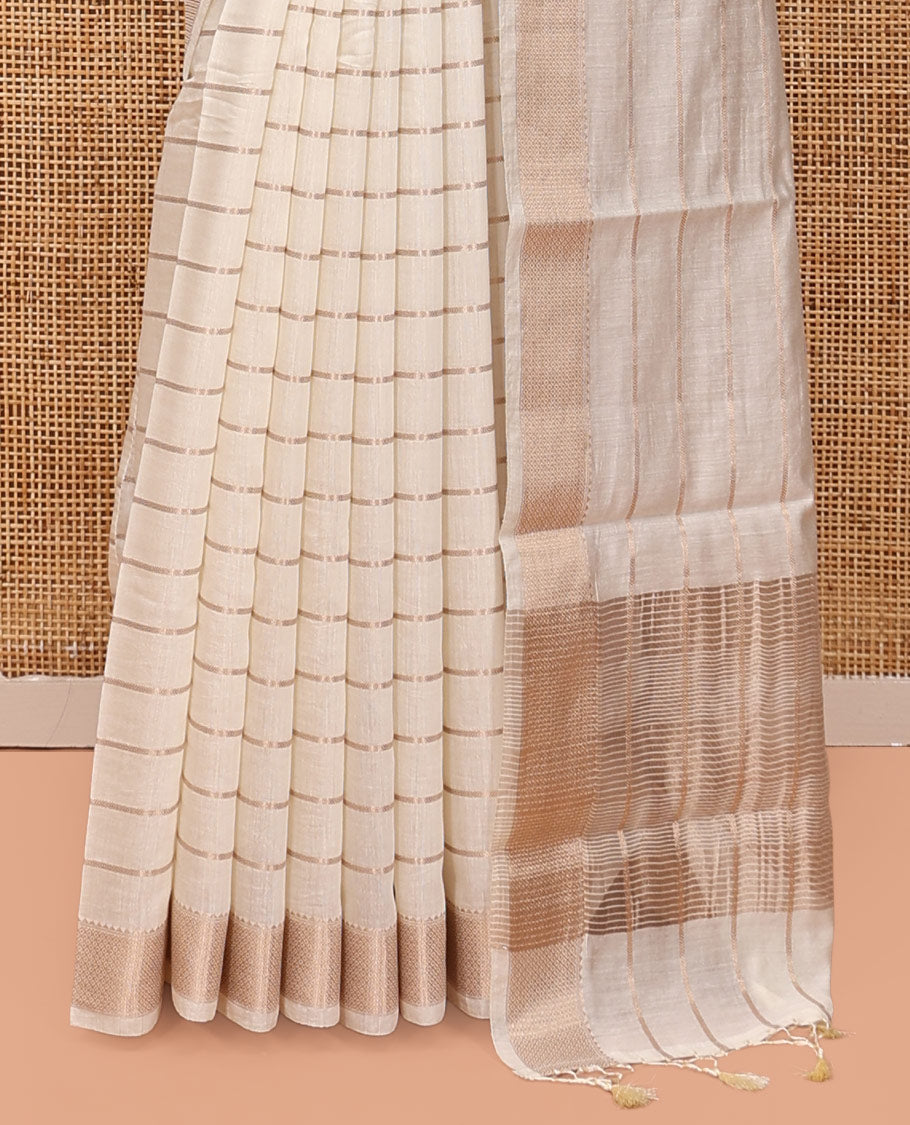 White Assam Silk Saree, Mesmerized with Zari Stripes, Highlighted by a Traditional Zari Border, Zari-Striped Pallu, and a Matching Blouse