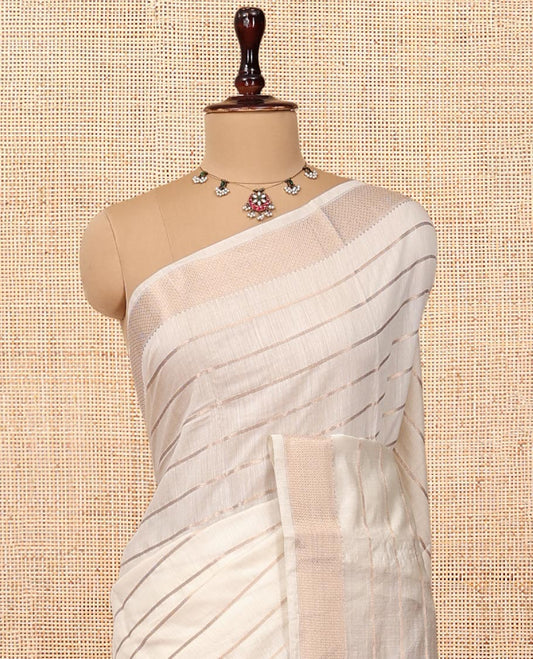 White Assam Silk Saree, Mesmerized with Zari Stripes, Highlighted by a Traditional Zari Border, Zari-Striped Pallu, and a Matching Blouse