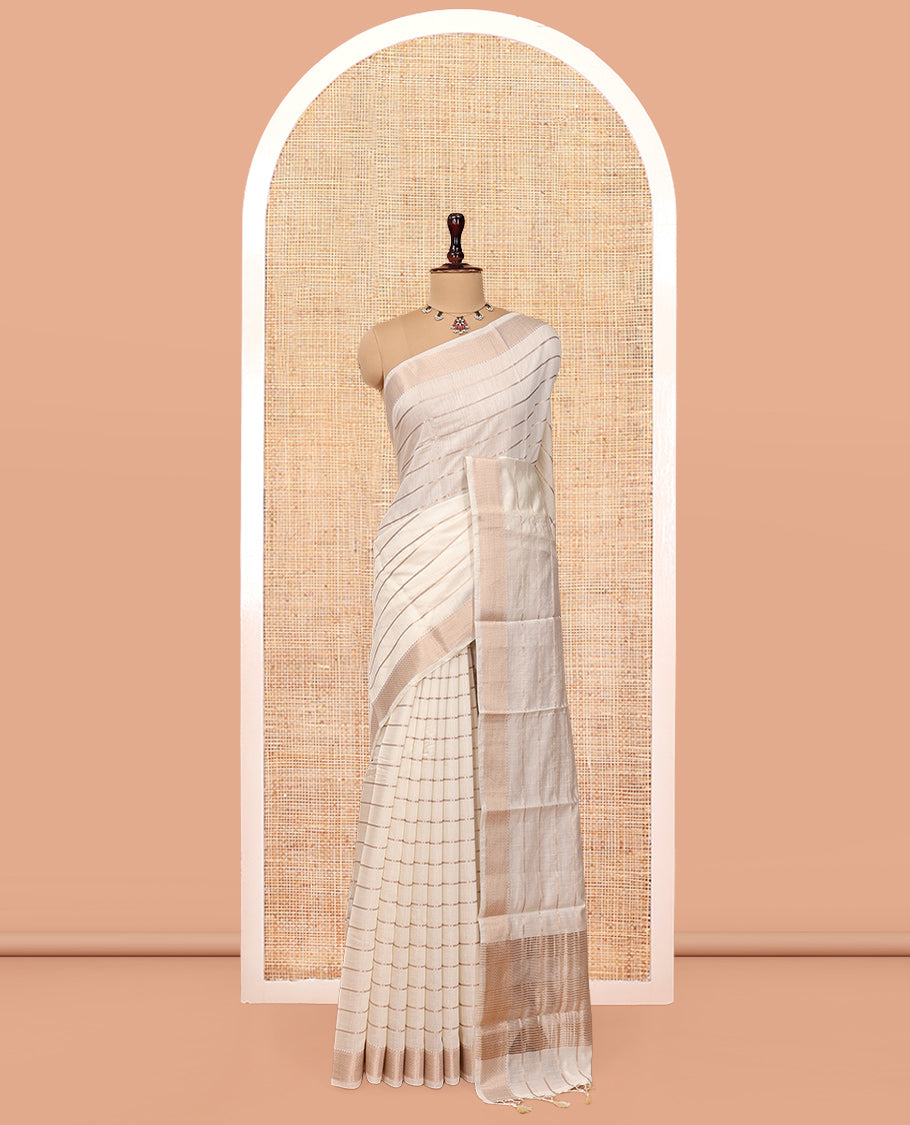 White Assam Silk Saree, Mesmerized with Zari Stripes, Highlighted by a Traditional Zari Border, Zari-Striped Pallu, and a Matching Blouse