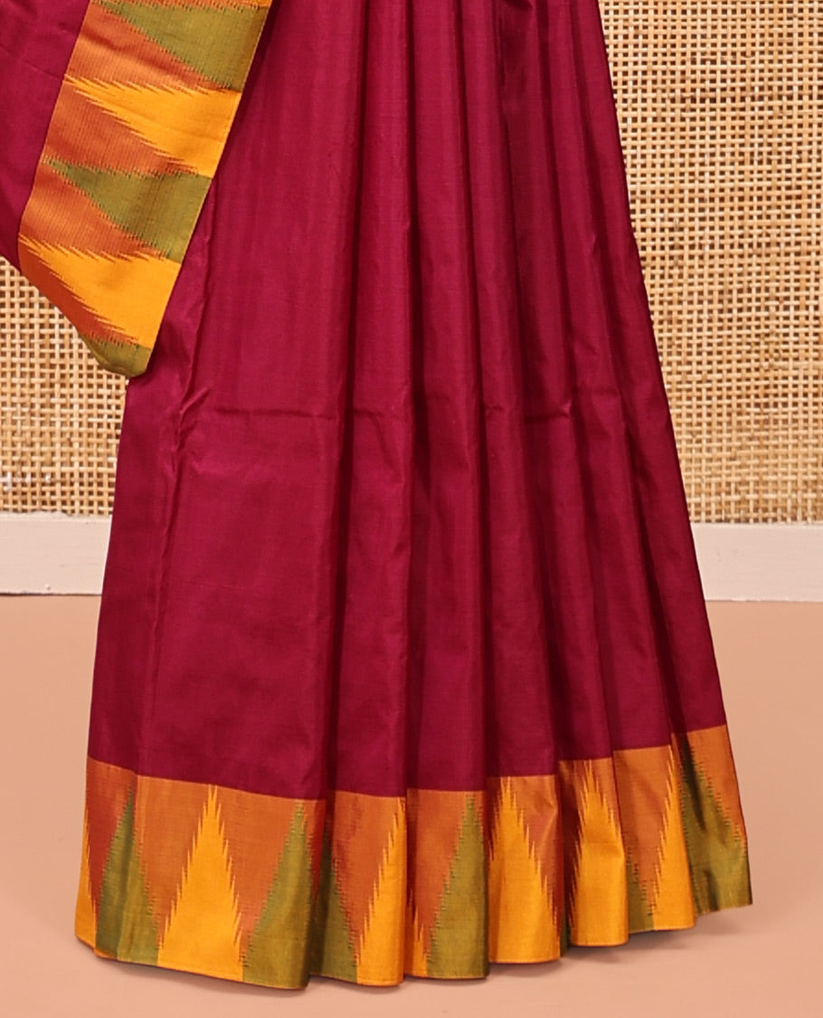 Red Plain Bangalore Silk Saree, Complemented by a Contrast Temple Border, Pallu of Stripes, and a Contrast Blouse