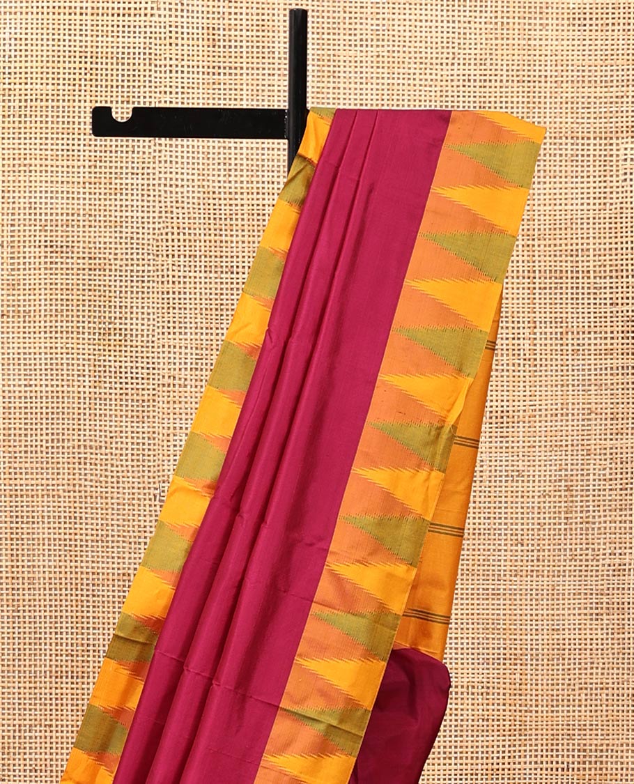 Red Plain Bangalore Silk Saree, Complemented by a Contrast Temple Border, Pallu of Stripes, and a Contrast Blouse