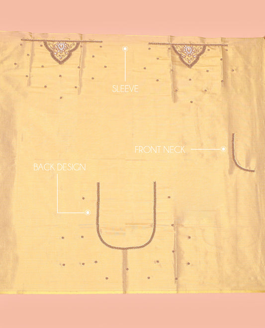 Gleaming Gold Aari Material Blouse Subtly Sparkled with Unique Designs in Sugar Bead Embroidery