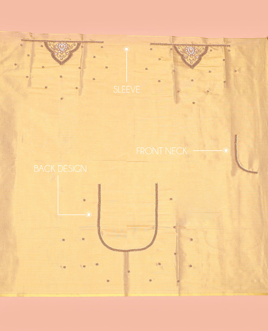 Gleaming Gold Aari Material Blouse Subtly Sparkled with Unique Designs in Sugar Bead Embroidery