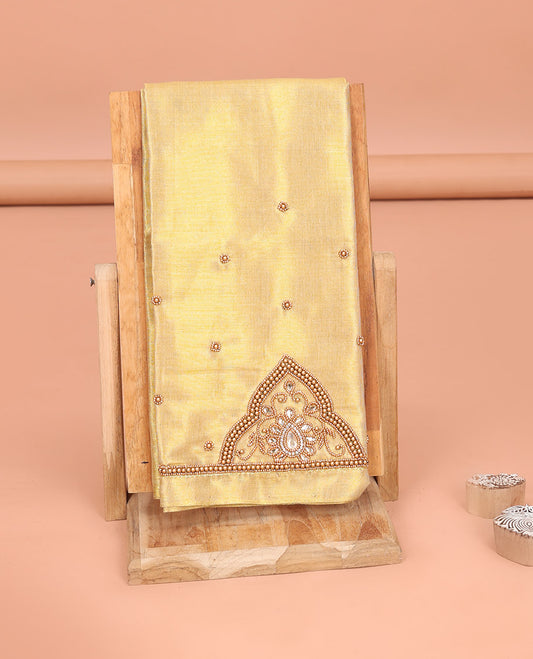 Gleaming Gold Aari Material Blouse Subtly Sparkled with Unique Designs in Sugar Bead Embroidery