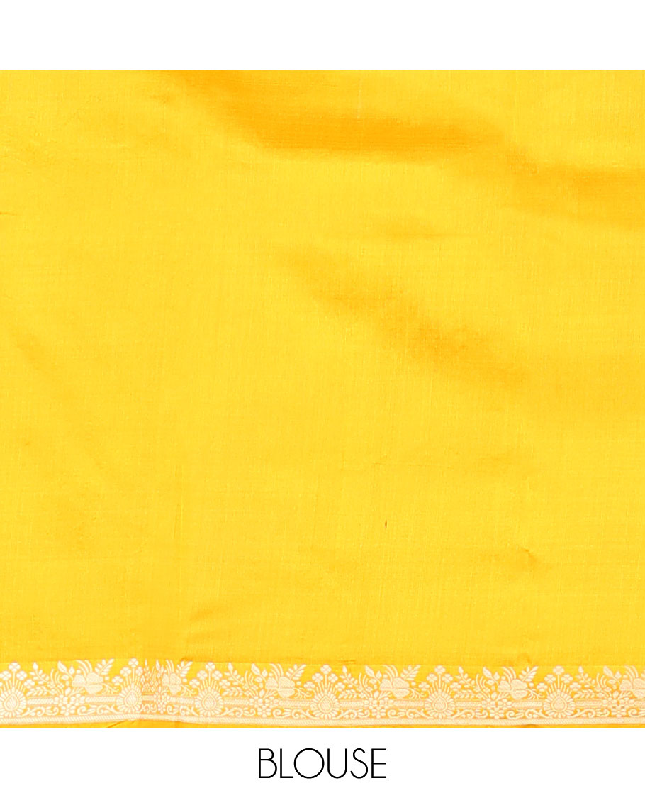 Yellow buttas woven banarasi kathan silk saree, zari border, and floral jaal pallu