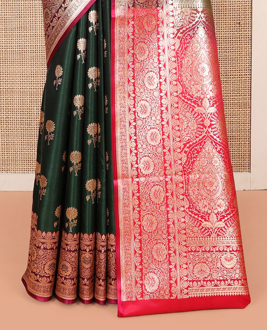 Green Banarasi Nylon Saree, Ornamented with Floral Buttas, Contrast Floral Creeper Zari Border, Intricate Pallu, and a Contrast Blouse