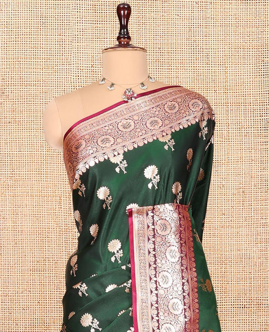 Green Banarasi Nylon Saree, Ornamented with Floral Buttas, Contrast Floral Creeper Zari Border, Intricate Pallu, and a Contrast Blouse