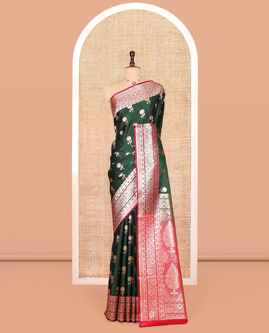Green Banarasi Nylon Saree, Ornamented with Floral Buttas, Contrast Floral Creeper Zari Border, Intricate Pallu, and a Contrast Blouse