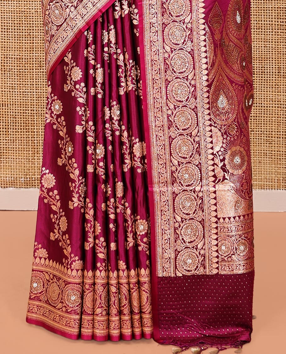 Red Wine Banarasi Satin Saree, Opulently Embellished with Floral Jaal Jacquard, a Floral Creeper Border, Intricate Stonework Pallu, and a Matching Blouse