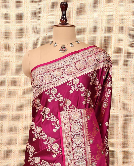 Purple Wine Banarasi Satin Saree, Opulently Embellished with Floral Jaal Jacquard, a Floral Creeper Border, Intricate Stonework Pallu, and a Matching Blouse