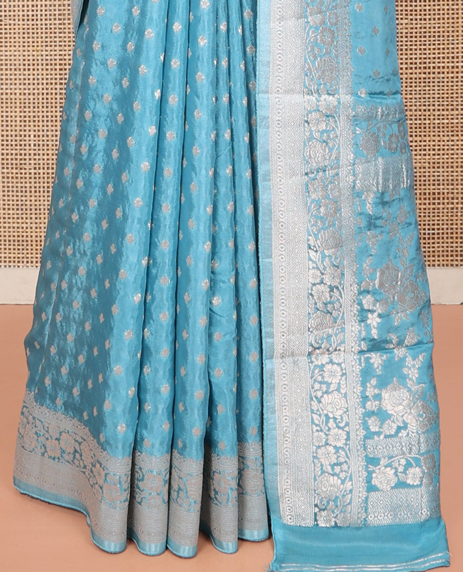 Blue Fancy Crepe Saree, Finely Woven with Buttas, Highlighted by a Floral Creeper Border, Floral Designs Woven Pallu, and a Matching Blouse