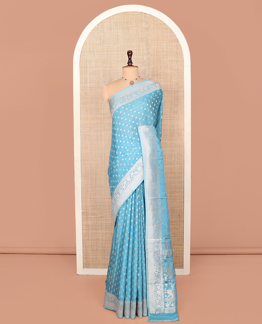 Blue Fancy Crepe Saree, Finely Woven with Buttas, Highlighted by a Floral Creeper Border, Floral Designs Woven Pallu, and a Matching Blouse