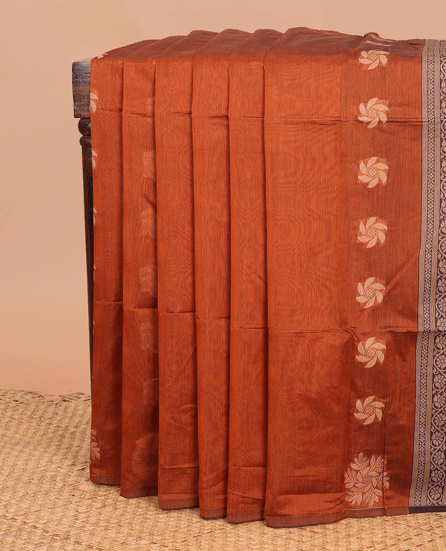 Borderless orange floral buttas semi-silk cotton saree, contrast traditional design steeped pallu