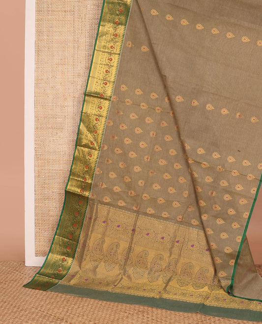 Grey meena buttas Venkatagiri cotton saree, contrast traditional zari border, and pallu of floral creeper, and paisleys